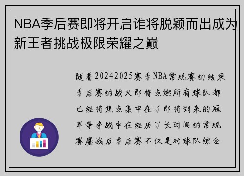 NBA季后赛即将开启谁将脱颖而出成为新王者挑战极限荣耀之巅