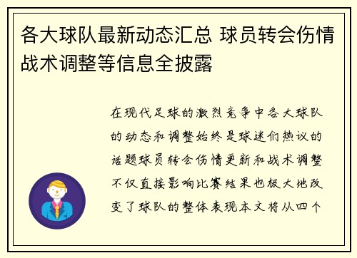 各大球队最新动态汇总 球员转会伤情战术调整等信息全披露