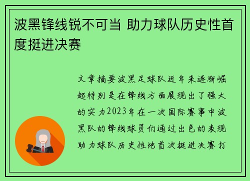 波黑锋线锐不可当 助力球队历史性首度挺进决赛